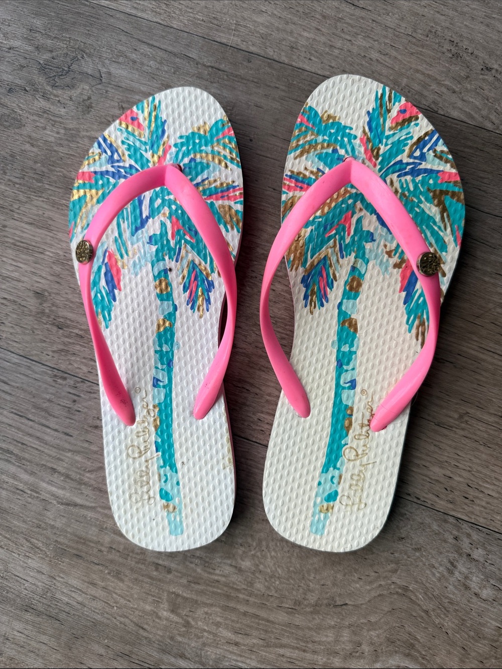 Lilly Pulitzer Tropical Palm Print Flip Flops with Pink Straps